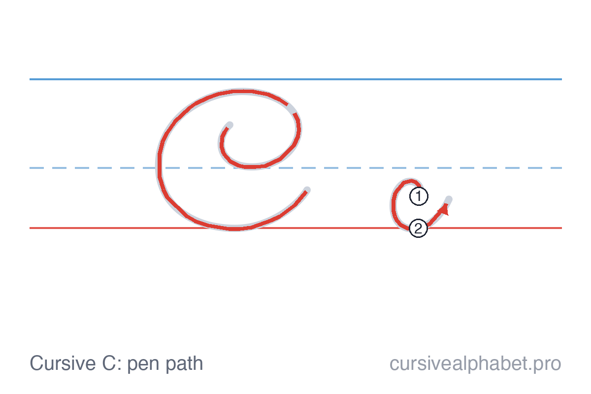 How to write cursive C: the pen path for uppercase C and lowercase c on ruled paper, with numbered steps on the lowercase c
