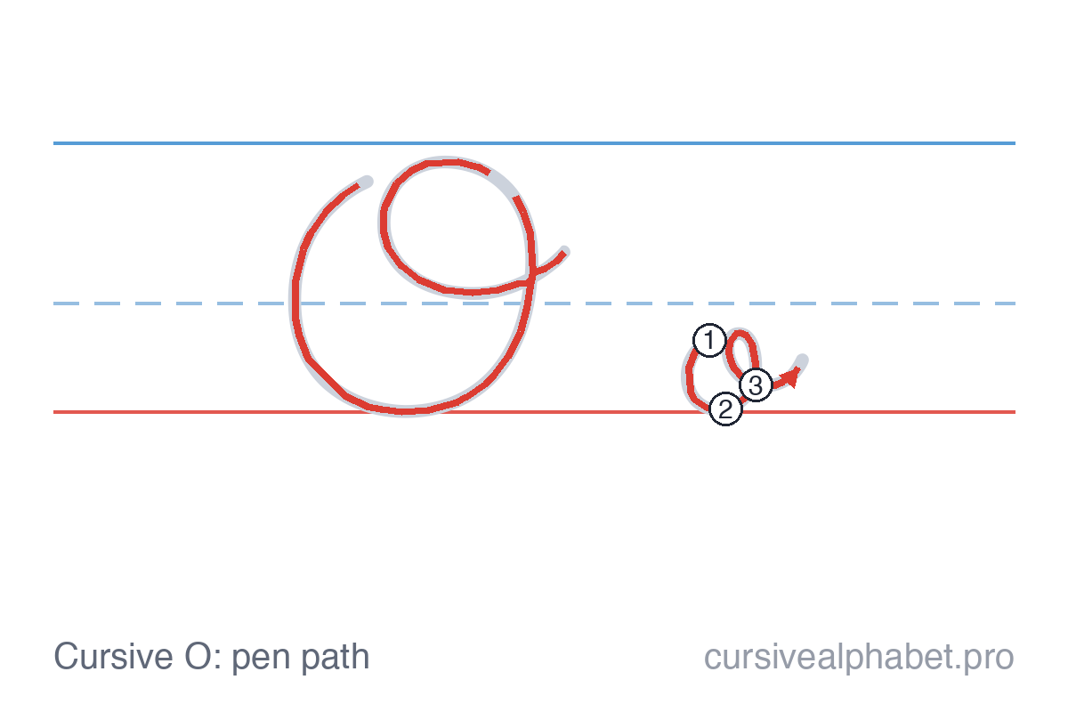 How to write cursive O: the pen path for uppercase O and lowercase o on ruled paper, with numbered steps on the lowercase o