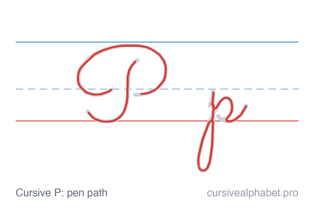 How to write cursive P: the pen path for uppercase P and lowercase p with direction arrows on ruled paper