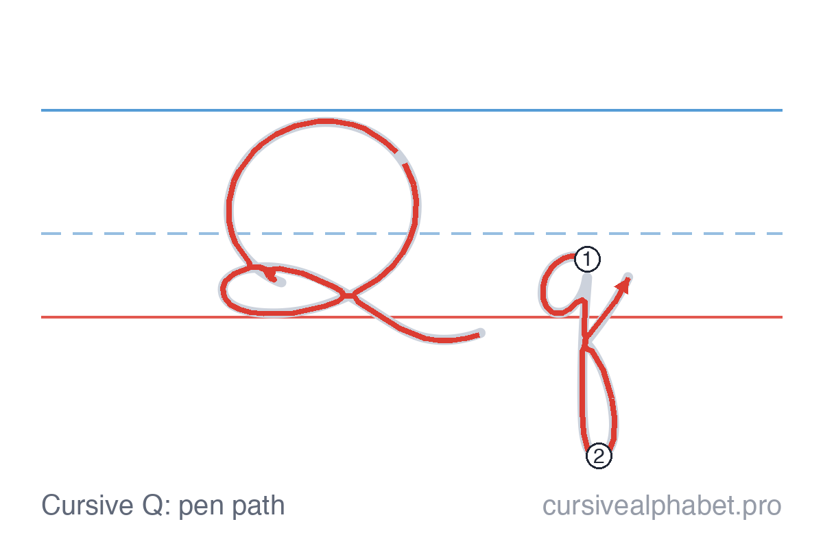 How to write cursive Q: the pen path for uppercase Q and lowercase q on ruled paper, with numbered steps on the lowercase q