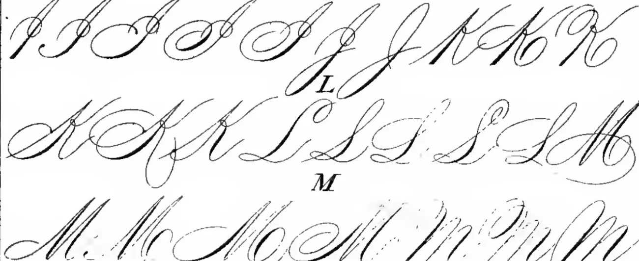 Engraved Spencerian capitals I, J, K, L and M, several variants of each, with thick shaded downstrokes